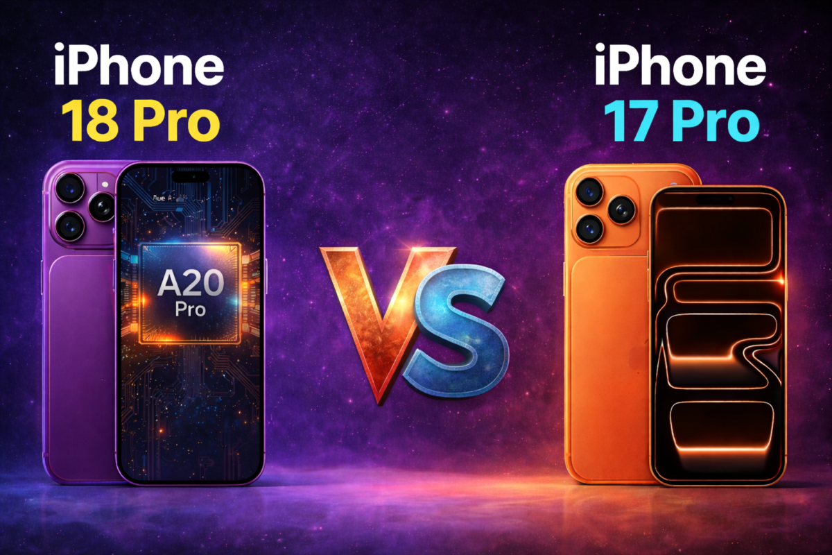 iPhone 18 Pro vs iPhone 17 Pro comparison showing purple iPhone 18 Pro with A20 Pro chip and orange iPhone 17 Pro design
