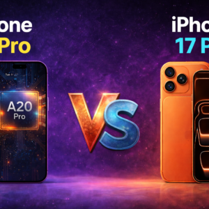 iPhone 18 Pro vs iPhone 17 Pro comparison showing purple iPhone 18 Pro with A20 Pro chip and orange iPhone 17 Pro design