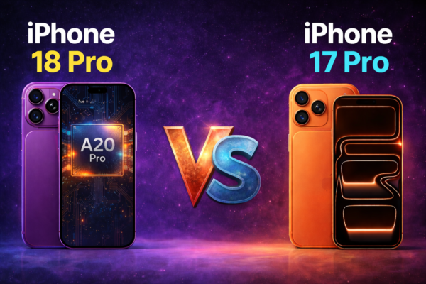 iPhone 18 Pro vs iPhone 17 Pro comparison showing purple iPhone 18 Pro with A20 Pro chip and orange iPhone 17 Pro design