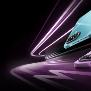 Samsung Galaxy M17e 5G design and camera module with sleek purple and blue colors